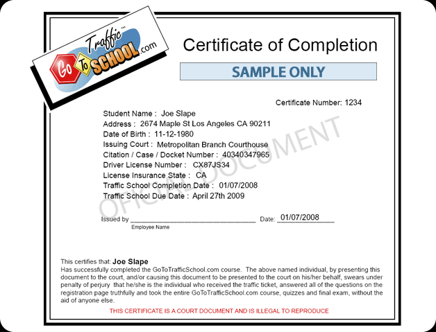 Traffic School Sample Certificate