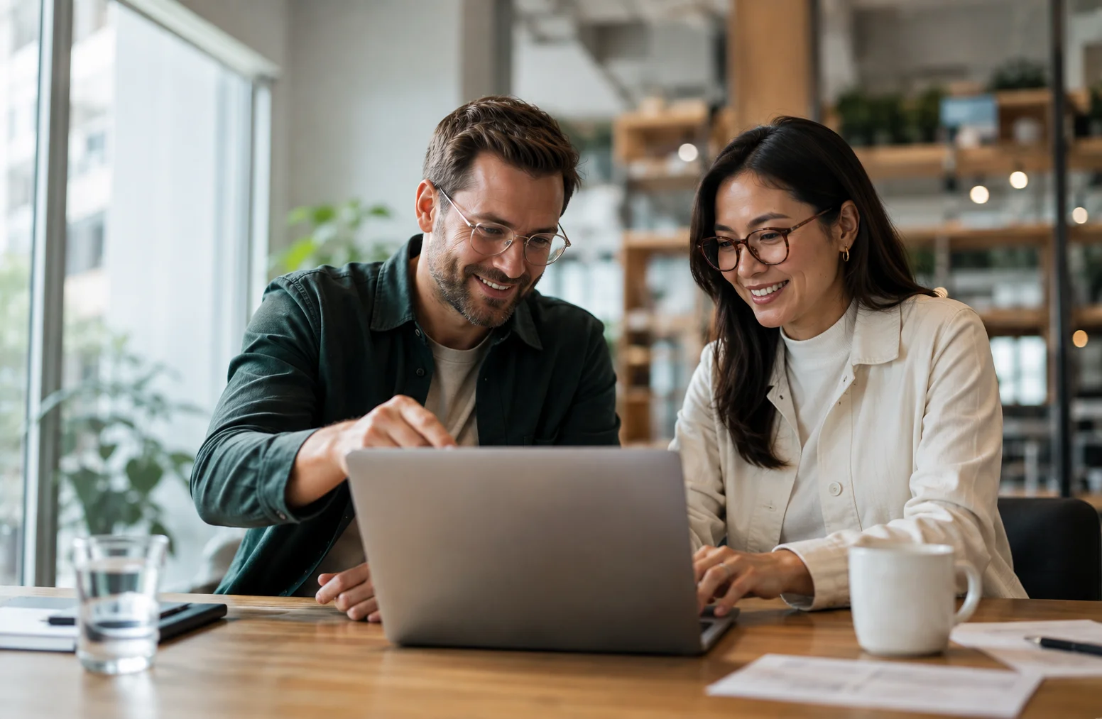 Business partners reviewing an online course on a laptop