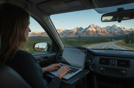 Passenger using a laptop inside a car